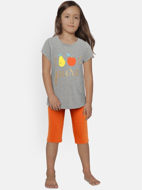 

Sweet Dreams Girls Grey Melange & Orange Printed Night suit