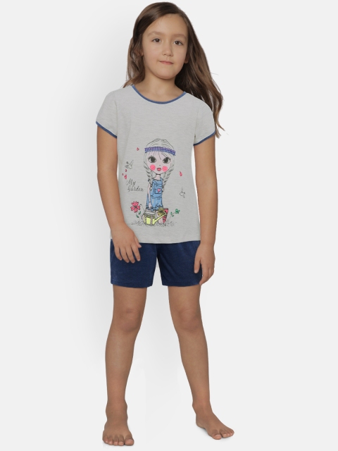 

Sweet Dreams Girls Grey & Navy Blue Printed Night suit