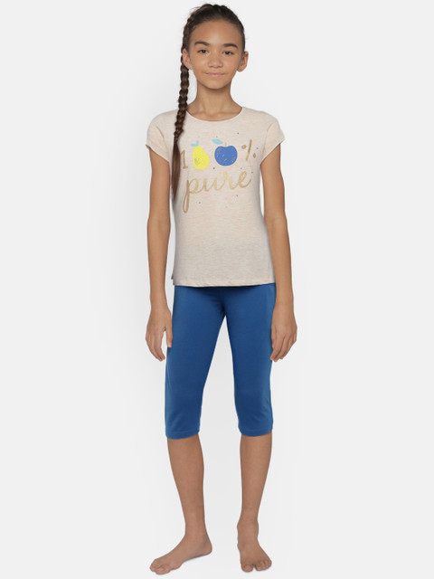 

Sweet Dreams Girls Beige & Blue Printed Night suit 6169A9