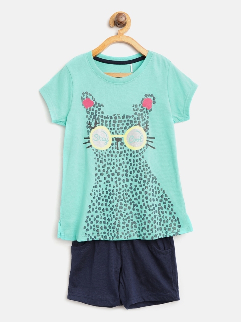 

Sweet Dreams Girls Green & Navy Printed Night Suit 6116A9