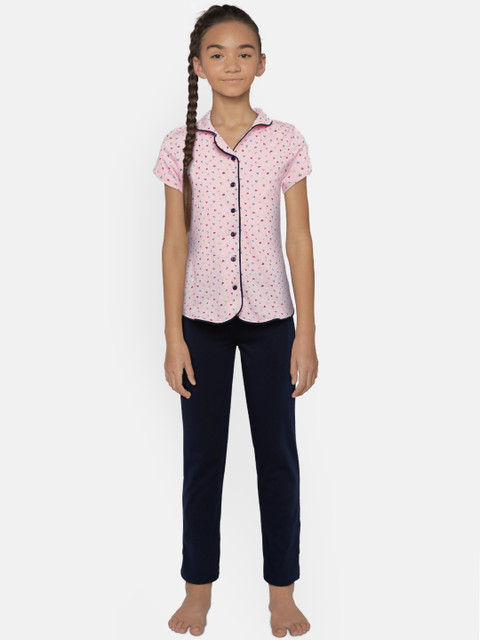 

Sweet Dreams Girls Pink & Navy Blue Printed Night suit 6218A9