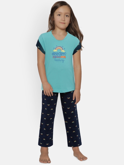 

Sweet Dreams Girls Sea Green & Navy Blue Printed Night Suit 6207A9