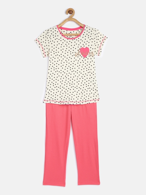 

Sweet Dreams Girls Off White & Pink Printed Night suit 6210A9