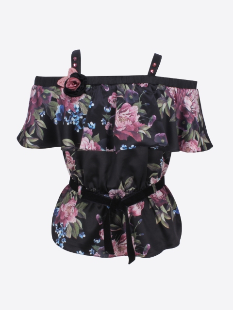 

CUTECUMBER Girls Black Printed Cinched Waist Top