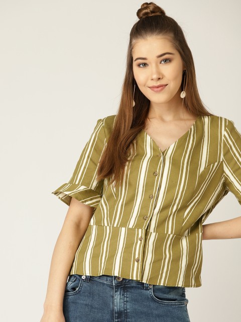 

United Colors of Benetton Women Olive Green & Off-White Striped A-Line Top
