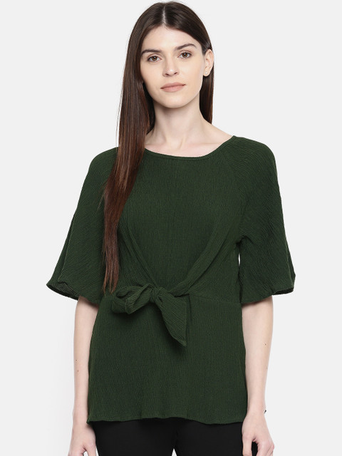 

United Colors of Benetton Women Green Self Design Cinched Waist Top