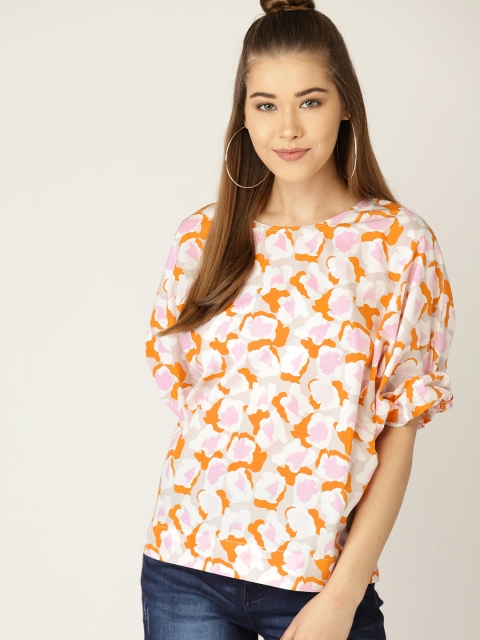 

United Colors of Benetton Women White & Orange Printed Boxy Top