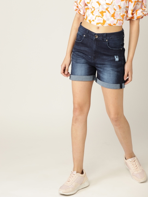 

United Colors of Benetton Women Navy Blue Washed Regular Fit Denim Shorts