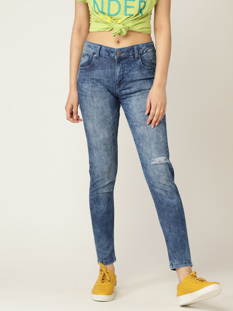 

United Colors of Benetton Women Blue Skinny Fit Mid-Rise Low Distress Stretchable Jeans