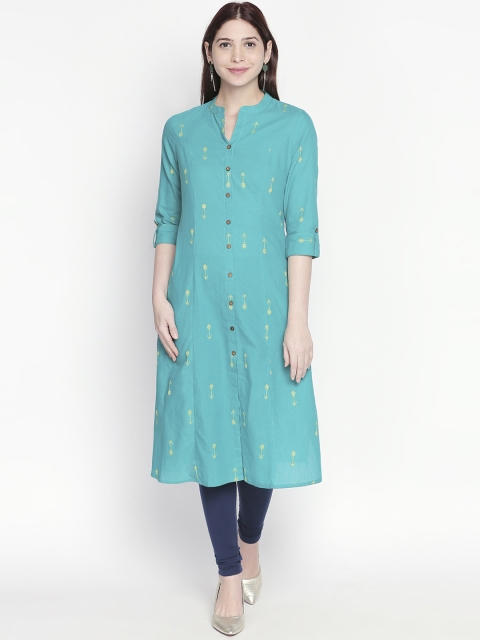 

RANGMANCH BY PANTALOONS Women Turquoise Blue Woven Design Straight Kurta