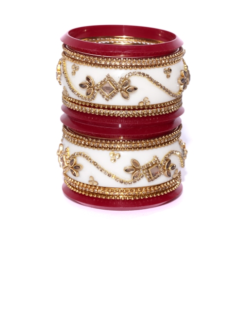 

damani Set of 18 Off-White & Maroon Gold-Plated Stone-Studded Polki Bangles