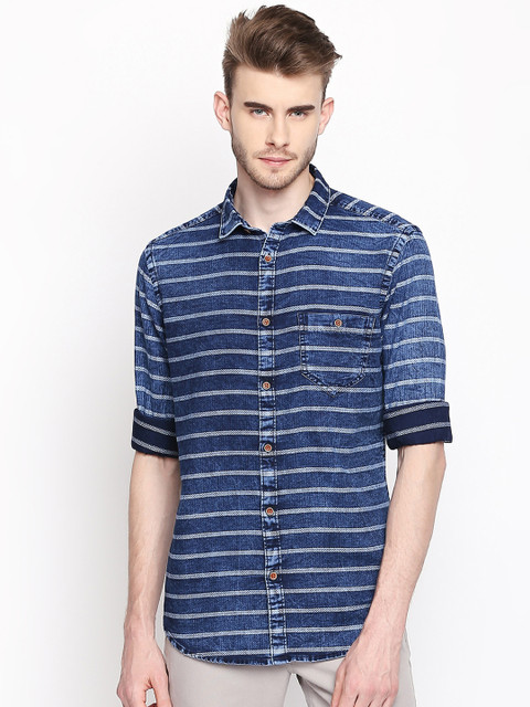 

SF JEANS by Pantaloons Men Blue Slim Fit Striped Casual Shirt