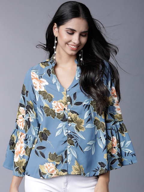 

Tokyo Talkies Women Blue Printed Shirt Style Top
