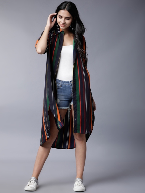 

Tokyo Talkies Women Navy Blue & Green Regular Fit Striped Casual Shirt