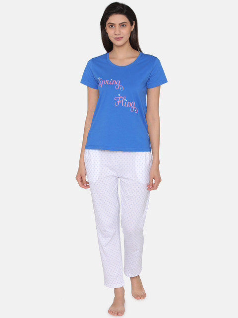 

Clovia Women White & Blue Printed Night suit LS0413P183XL