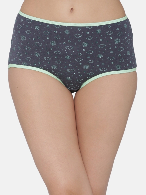 

Clovia Women Charcoal Grey & Green Printed High-Rise Hipster Brief PN3125P05XL