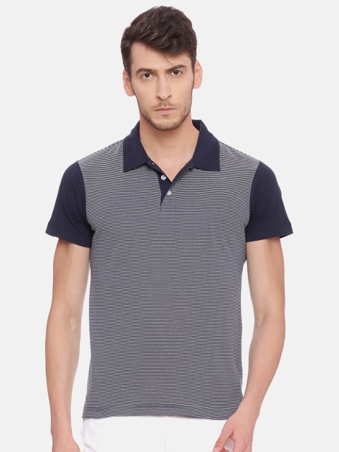 

Soul Space Men Navy Blue Striped Polo Collar T-shirt