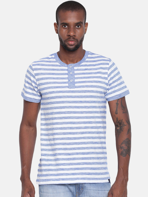 

Soul Space Men Blue Striped Henley Neck T-shirt
