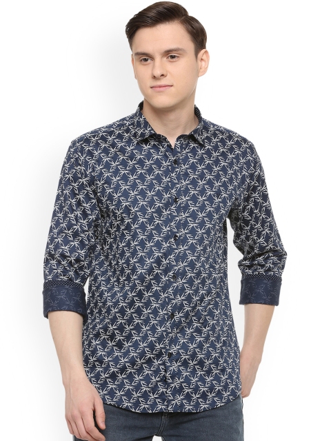 

V Dot Men Navy Blue & Off-White Slim Fit Printed Casual Shirt