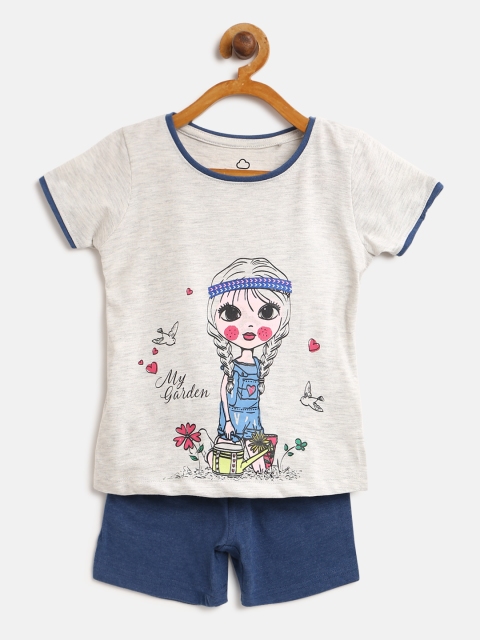 

Sweet Dreams Girls Grey Melange & Navy Blue Printed Night Suit 6115A9