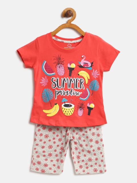 

Sweet Dreams Girls Coral Red & Grey Melange Printed Night Suit 6163A9