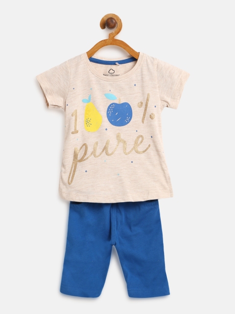 

Sweet Dreams Girls Beige & Blue Printed Night Suit 6169A9
