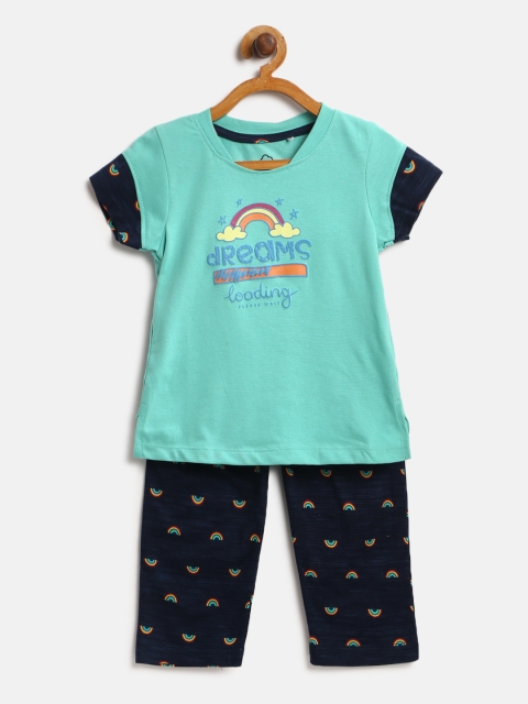 

Sweet Dreams Girls Sea Green & Navy Blue Printed Night Suit 6207A9