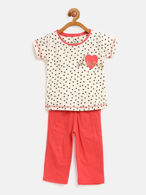 

Sweet Dreams Girls Cream-Coloured & Coral Pink Printed Night Suit 6210A9