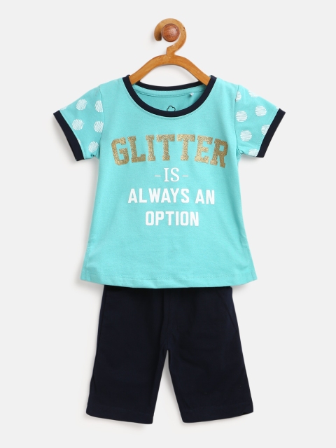 

Sweet Dreams Girls Sea Green & Navy Blue Printed Night Suit 6178A9