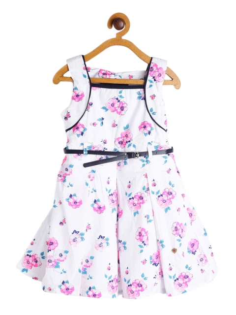 

612 league Girls White Printed Fit and Flare Dress