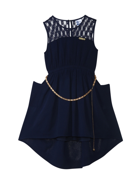 

612 league Girls Navy Blue Solid Fit and Flare Dress