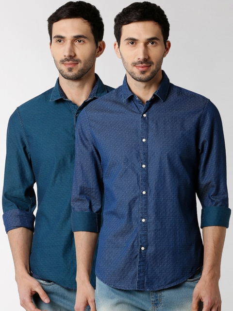 

Peter England Casuals Men Blue Slim Fit Self Design Reversible Casual Shirt