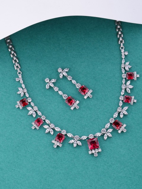 

Tistabene Rhodium-Plated & Red Embellished Jewellery Set, Silver