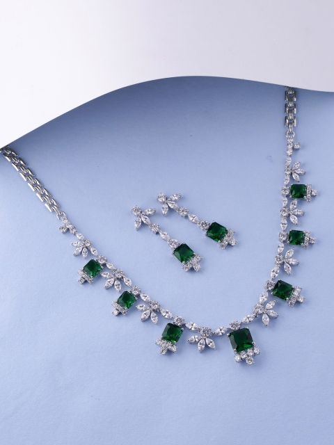 

Tistabene Rhodium-Plated & Green Embellished Jewellery Set, Silver