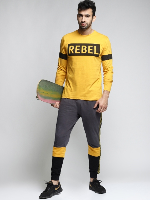 

Difference of Opinion Men Grey & Yellow Colourblocked Straight-Fit Joggers