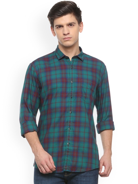 

Louis Philippe Men Teal Green & Red Slim Fit Checked Casual Shirt