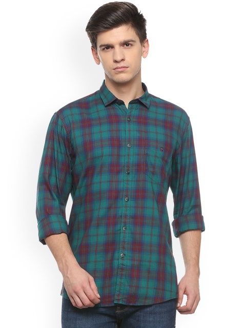 

Louis Philippe Men Teal Green & Red Slim Fit Checked Casual Shirt