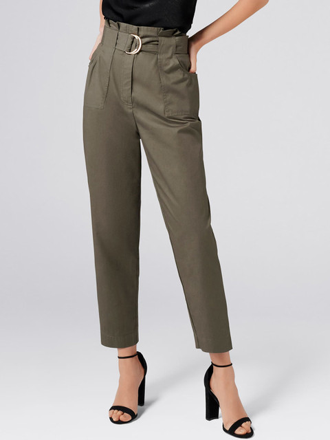 

Forever New Women Olive Green Tapered Fit Solid Cropped Peg Trousers