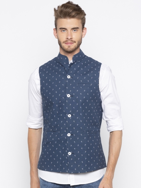 

Nick&Jess Men Blue Printed Woven Nehru Jacket