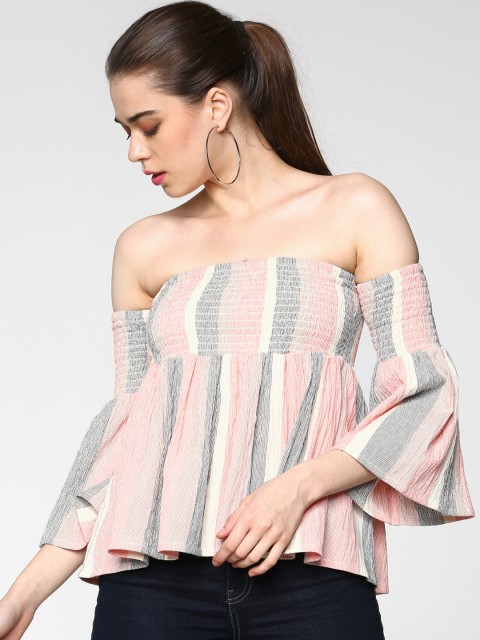 

ONLY Women Pink & Off-White Striped Bardot Top