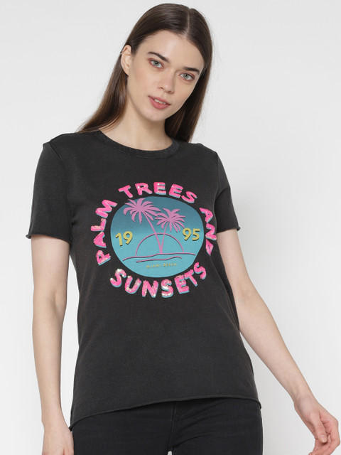 

ONLY Women Black Printed Round Neck Pure Cotton T-shirt