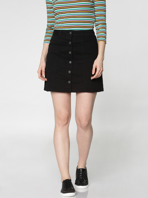 

ONLY Women Black Solid Denim Mini A-Line Skirt