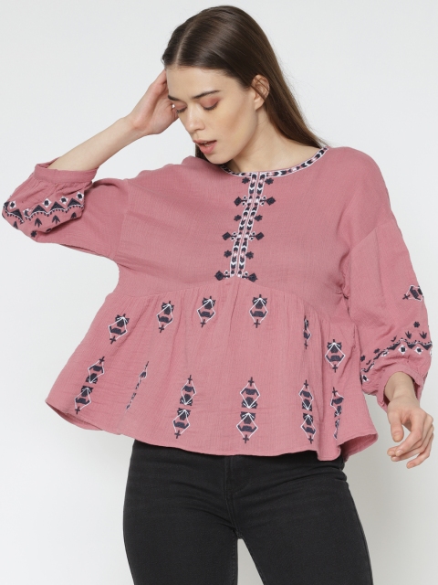 

ONLY Women Pink Embroidered Empire Pure Cotton Top