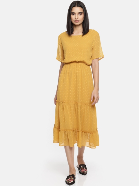 

ONLY Women Mustard Yellow Self Design Fit and Flare Dress