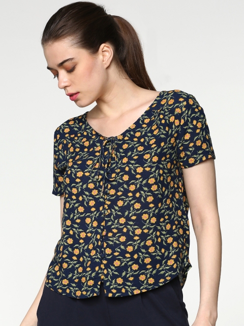

ONLY Women Navy & Mustard Yellow Printed Top, Navy blue