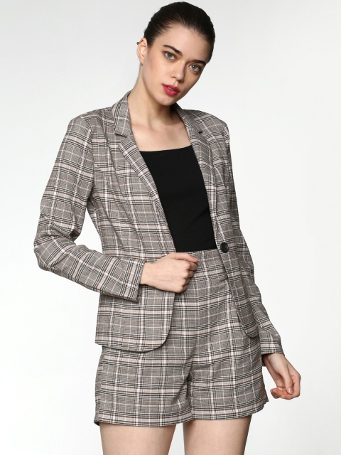 

ONLY Women Black & Rust Brown Checked Single-Breasted Formal Blazer