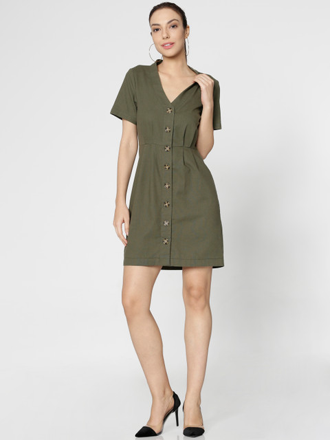 

ONLY Women Olive Green Solid A-line Dress