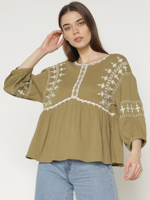 

ONLY Women Olive Green Embroidered Empire Pure Cotton Top