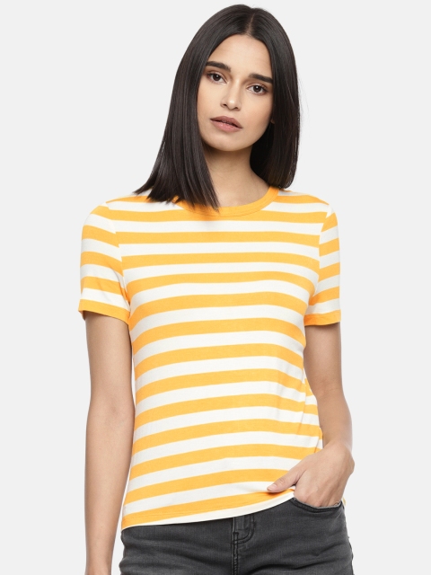 

ONLY Women Mustard Yellow & White Striped Round Neck T-shirt