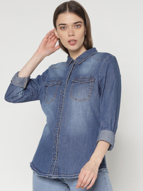 

ONLY Women Blue Regular Fit Solid Denim Casual Shirt